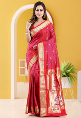 Cross Pink with Red Border Paithani Pure Silk Saree With Blouse Piece - Adi Akshoy & Co.