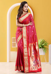 Cross Pink with Red Border Paithani Pure Silk Saree With Blouse Piece - Adi Akshoy & Co.