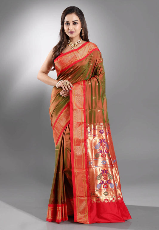 Cross Green with Red Border Paithani Pure Silk Saree With Blouse Piece - Adi Akshoy & Co.