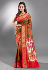 Cross Green with Red Border Paithani Pure Silk Saree With Blouse Piece - Adi Akshoy & Co.