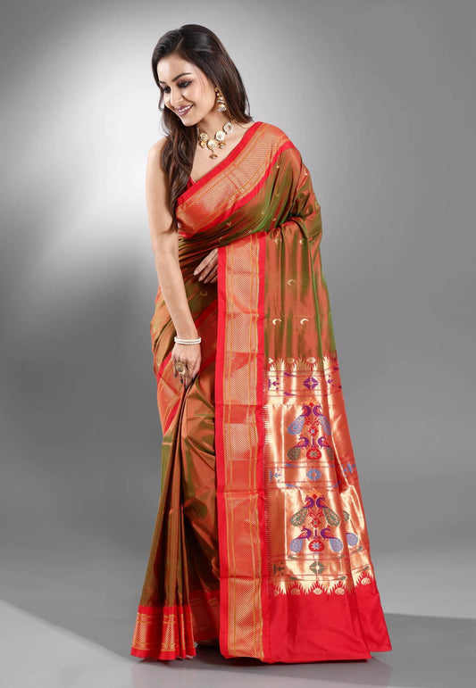 Cross Green with Red Border Paithani Pure Silk Saree With Blouse Piece - Adi Akshoy & Co.