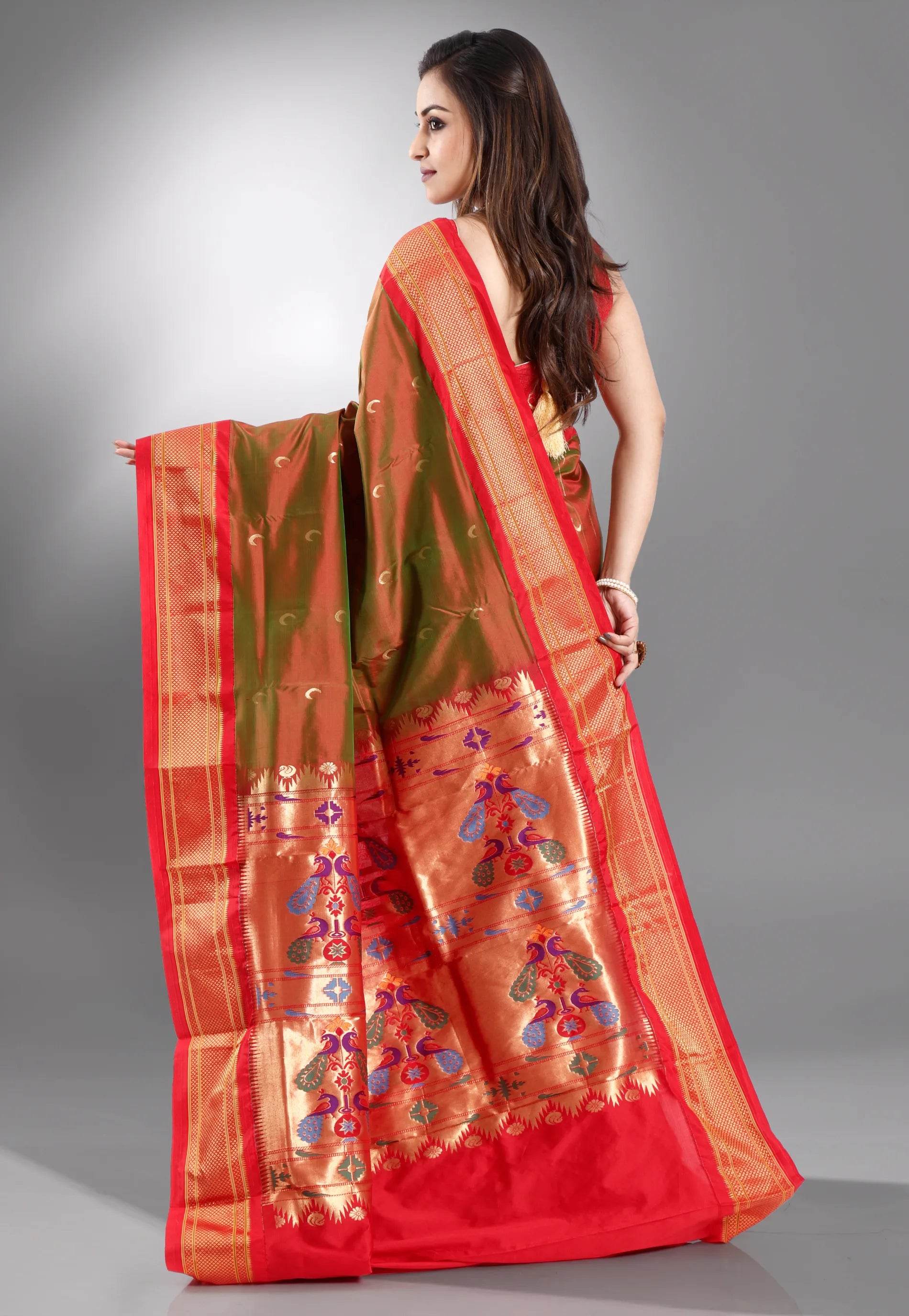 Cross Green with Red Border Paithani Pure Silk Saree With Blouse Piece - Adi Akshoy & Co.