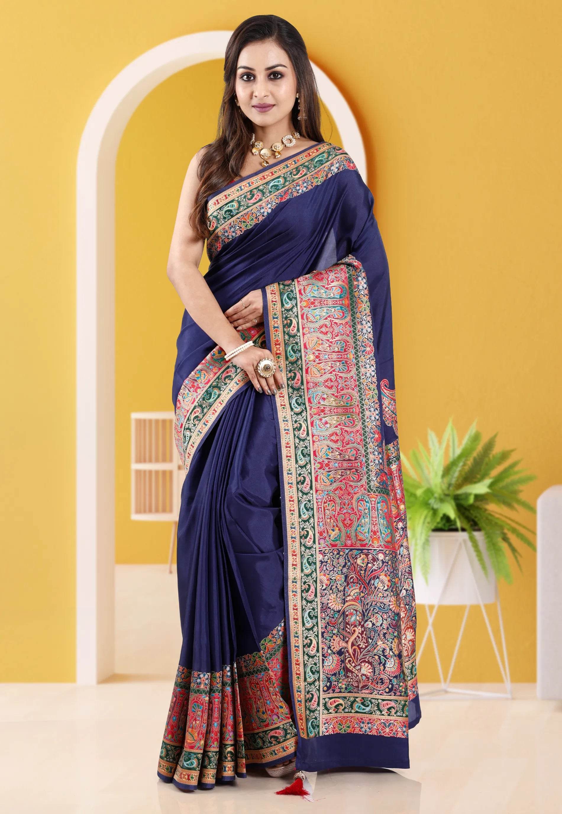 Navy Blue Kani Silk Saree With Blouse Piece - Adi Akshoy & Co.