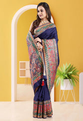 Navy Blue Kani Silk Saree With Blouse Piece - Adi Akshoy & Co.