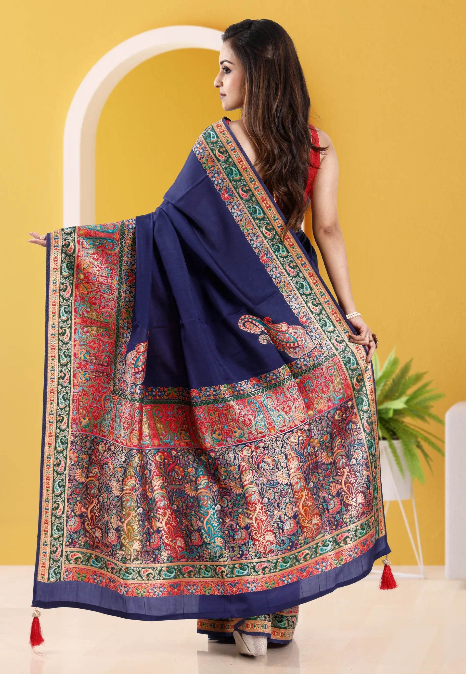Navy Blue Kani Silk Saree With Blouse Piece - Adi Akshoy & Co.