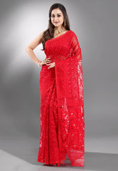 Red Dhakai Jamdani Cotton Saree without Blouse Piece - Adi Akshoy & Co.
