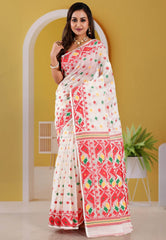 Off White Dhakai Jamdani Cotton Saree without Blouse Piece - Adi Akshoy & Co.