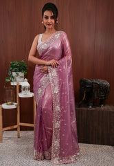 Mauve Tissue with Hand Embroidery work Saree with Blouse Piece - Adi Akshoy & Co.