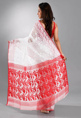 White Dhakai Jamdani Cotton Saree without Blouse Piece - Adi Akshoy & Co.
