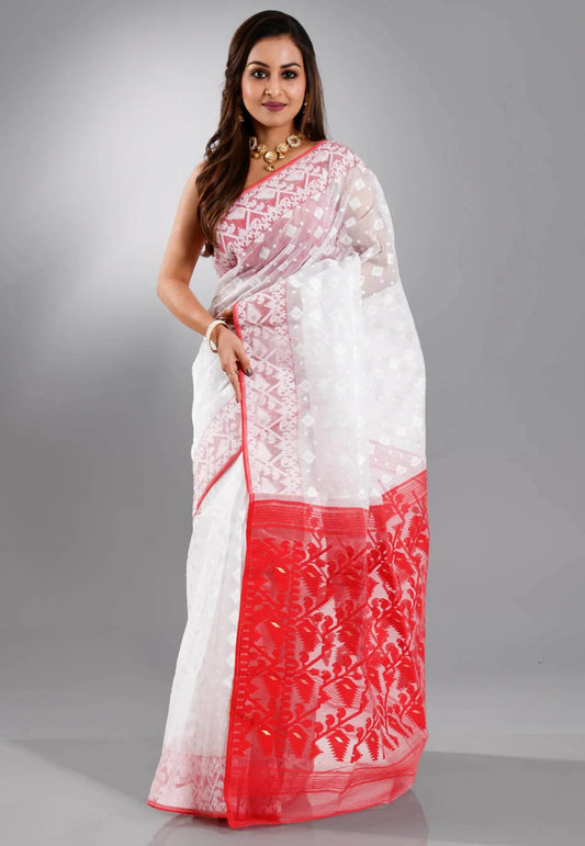 White Dhakai Jamdani Cotton Saree without Blouse Piece - Adi Akshoy & Co.