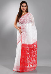White Dhakai Jamdani Cotton Saree without Blouse Piece - Adi Akshoy & Co.