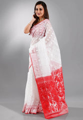 White Dhakai Jamdani Cotton Saree without Blouse Piece - Adi Akshoy & Co.
