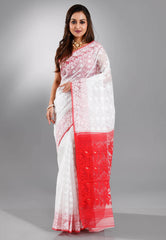 White Dhakai Jamdani Cotton Saree without Blouse Piece - Adi Akshoy & Co.