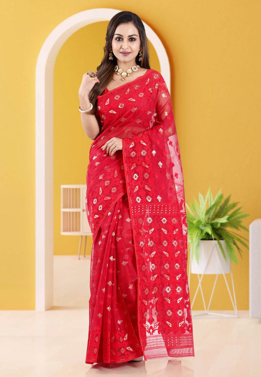 Red Dhakai Jamdani Cotton Saree without Blouse Piece - Adi Akshoy & Co.