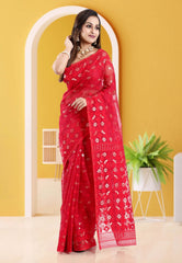 Red Dhakai Jamdani Cotton Saree without Blouse Piece - Adi Akshoy & Co.