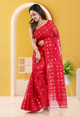 Red Dhakai Jamdani Cotton Saree without Blouse Piece - Adi Akshoy & Co.