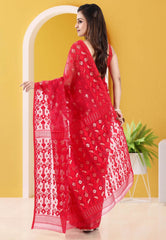 Red Dhakai Jamdani Cotton Saree without Blouse Piece - Adi Akshoy & Co.