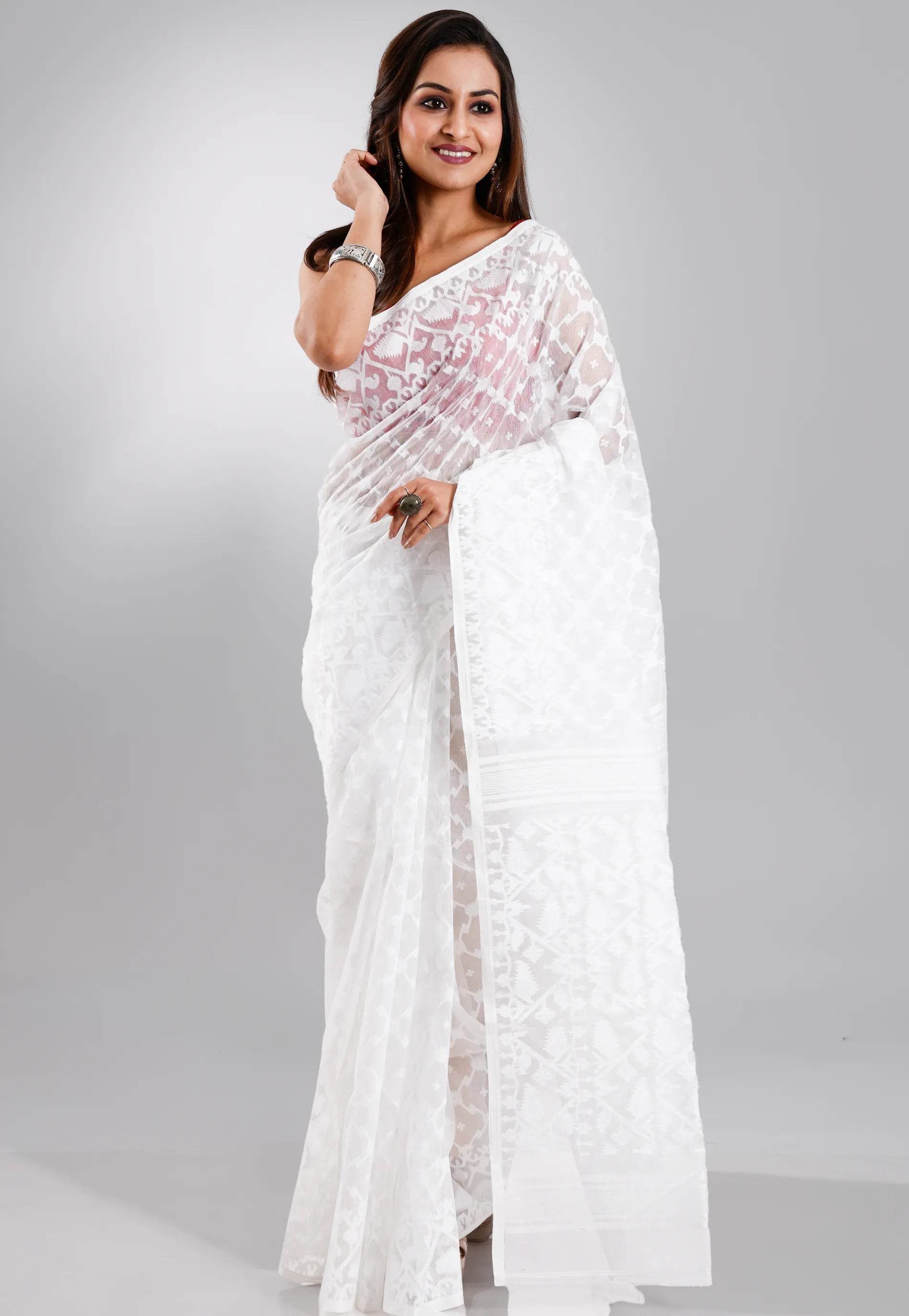 White Dhakai Jamdani Cotton Saree without Blouse Piece - Adi Akshoy & Co.