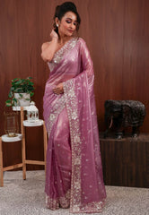 Mauve Tissue with Hand Embroidery work Saree with Blouse Piece - Adi Akshoy & Co.