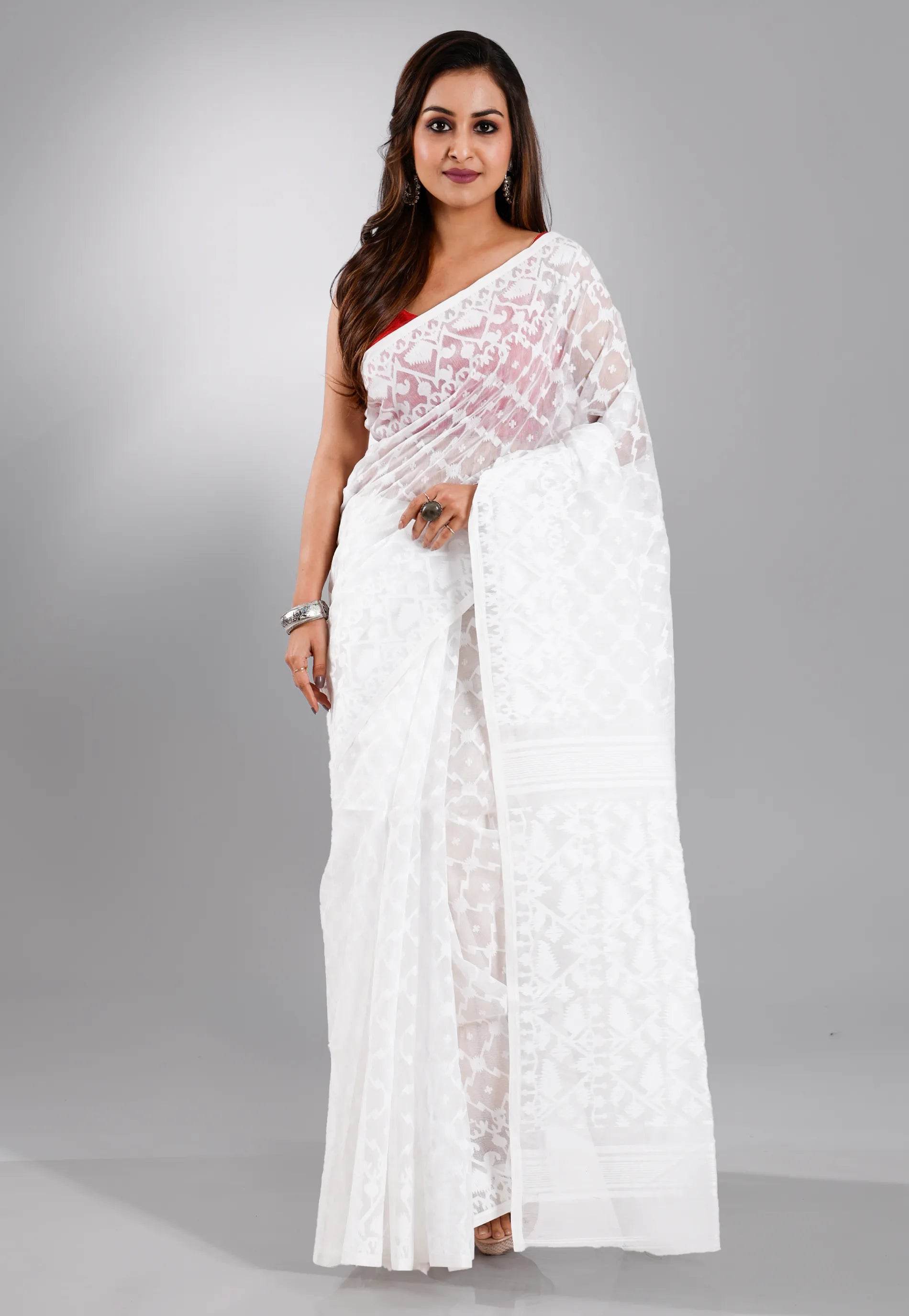 White Dhakai Jamdani Cotton Saree without Blouse Piece - Adi Akshoy & Co.