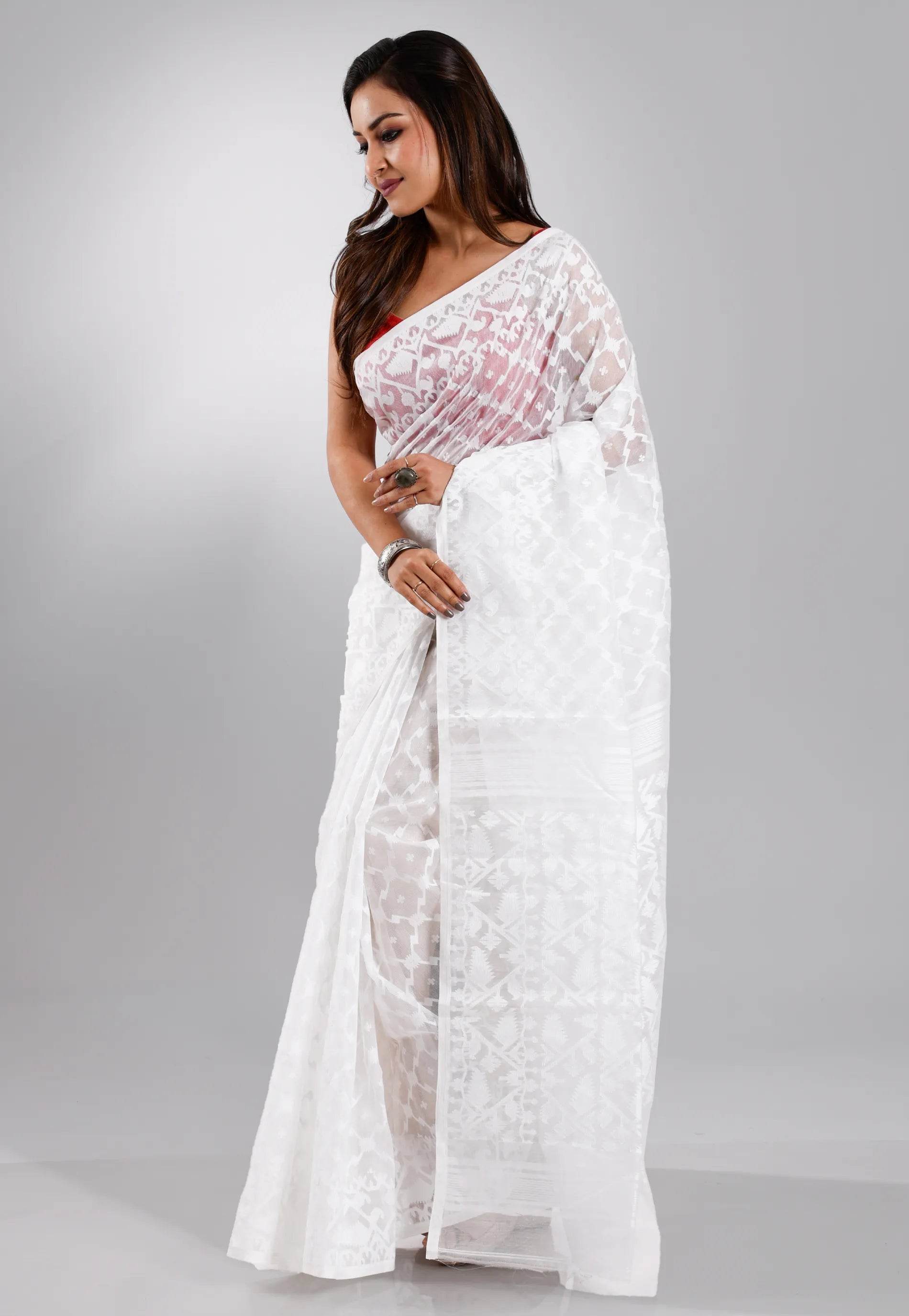 White Dhakai Jamdani Cotton Saree without Blouse Piece - Adi Akshoy & Co.