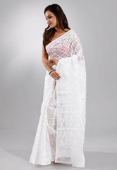 White Dhakai Jamdani Cotton Saree without Blouse Piece - Adi Akshoy & Co.
