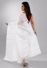 White Dhakai Jamdani Cotton Saree without Blouse Piece - Adi Akshoy & Co.