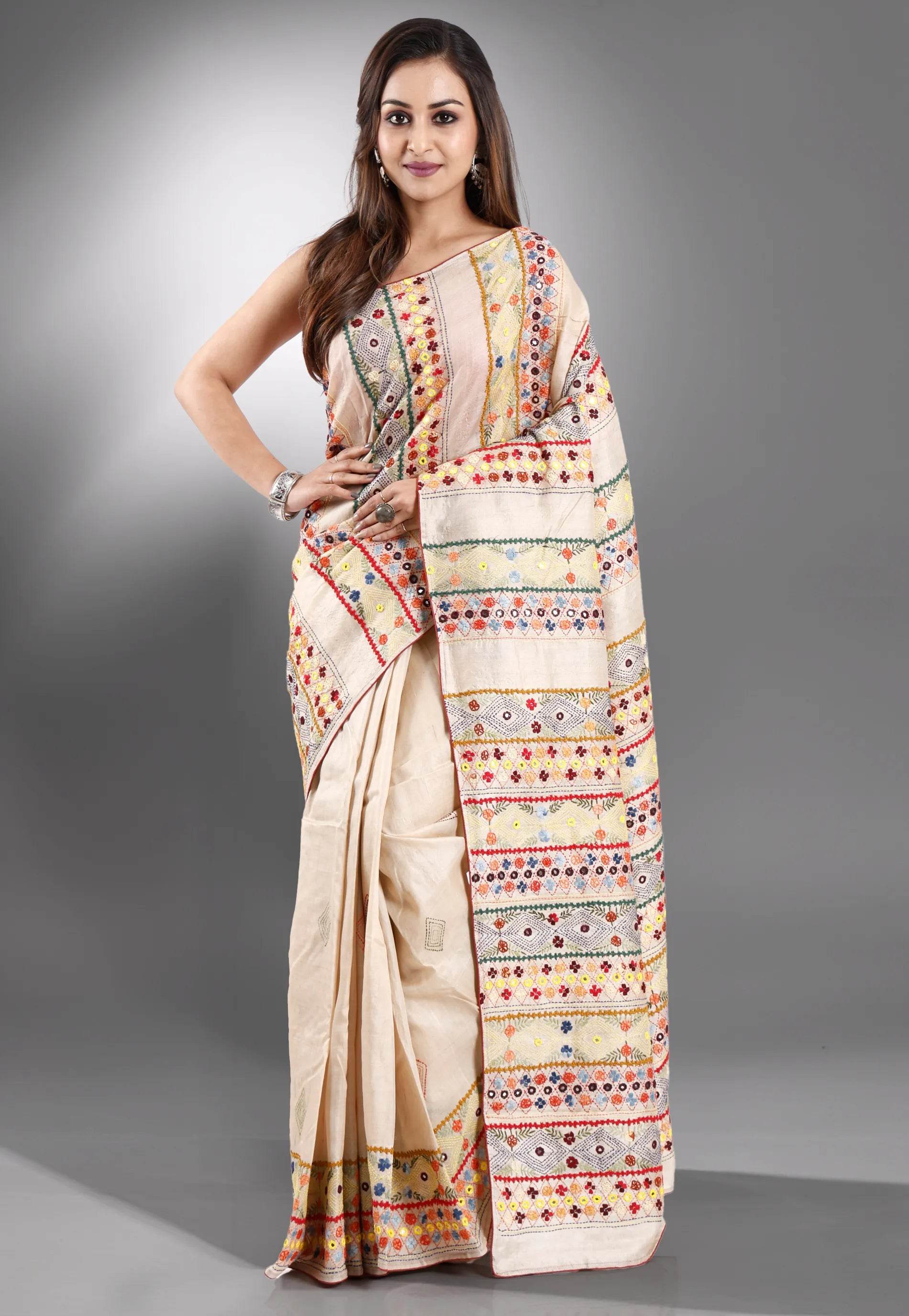 Tussar Colour Pure Silk Kantha Saree With Blouse Piece - Adi Akshoy & Co.