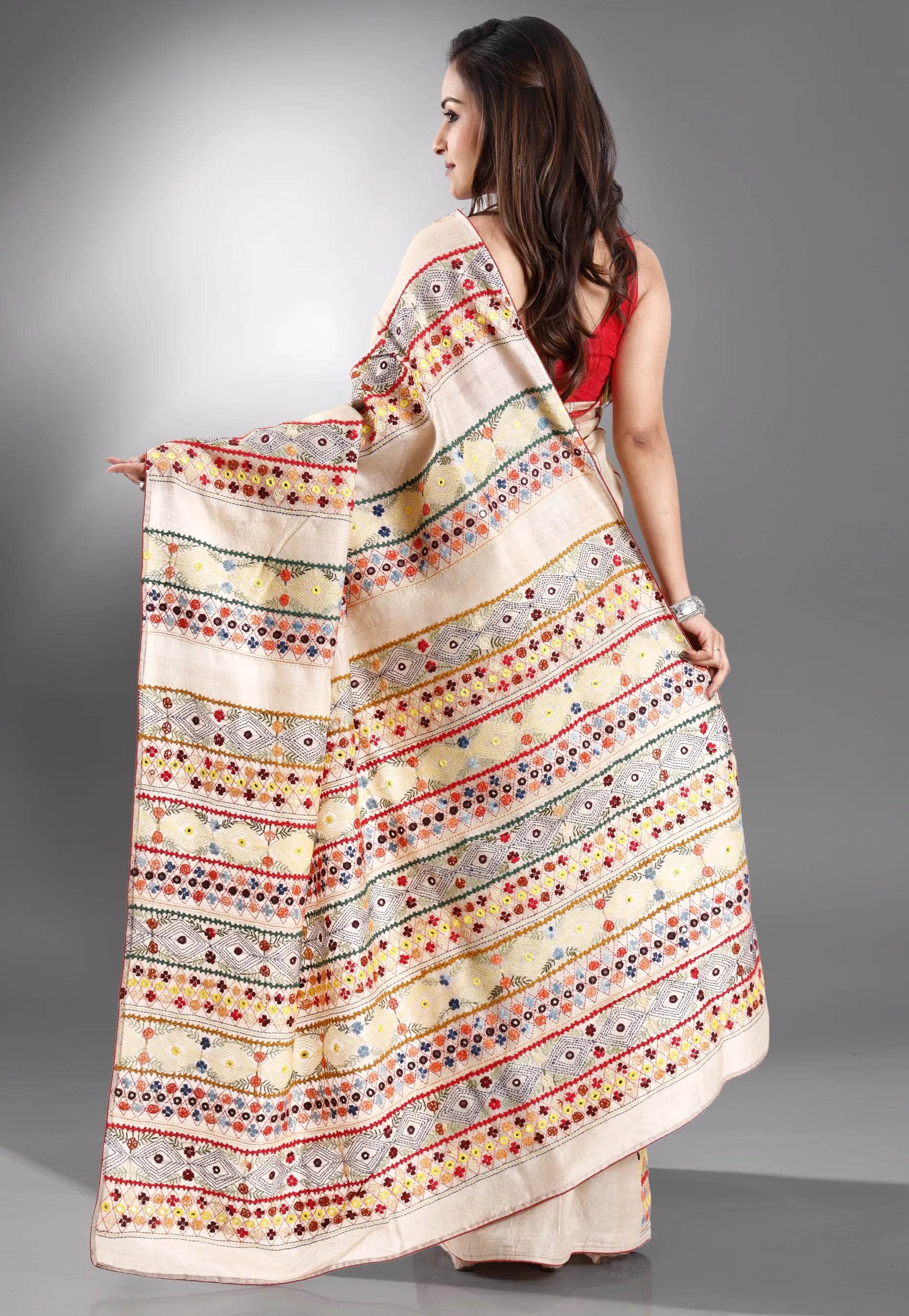 Tussar Colour Pure Silk Kantha Saree With Blouse Piece - Adi Akshoy & Co.