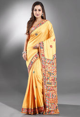 Yellow colour Pure Tussar Silk Kantha Saree With Blouse Piece - Adi Akshoy & Co.