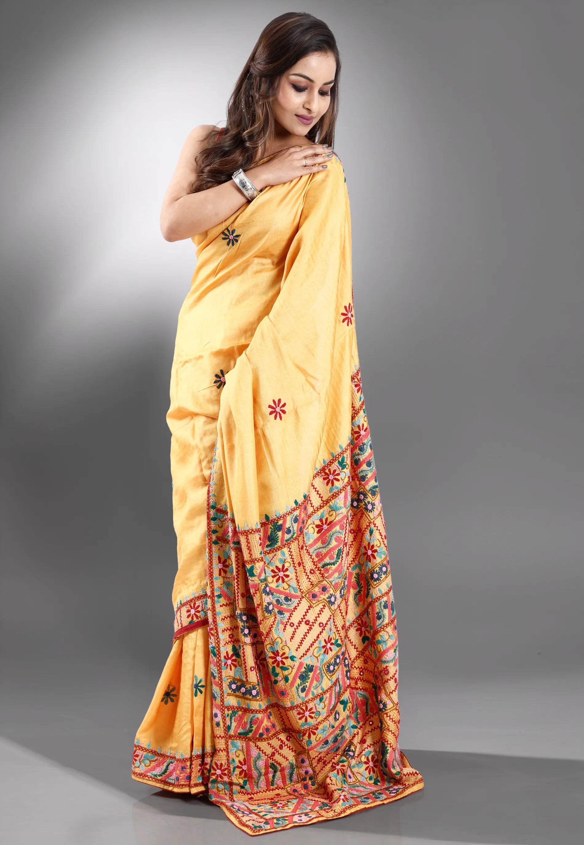 Yellow colour Pure Tussar Silk Kantha Saree With Blouse Piece - Adi Akshoy & Co.