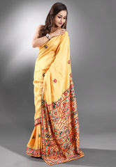 Yellow colour Pure Tussar Silk Kantha Saree With Blouse Piece - Adi Akshoy & Co.