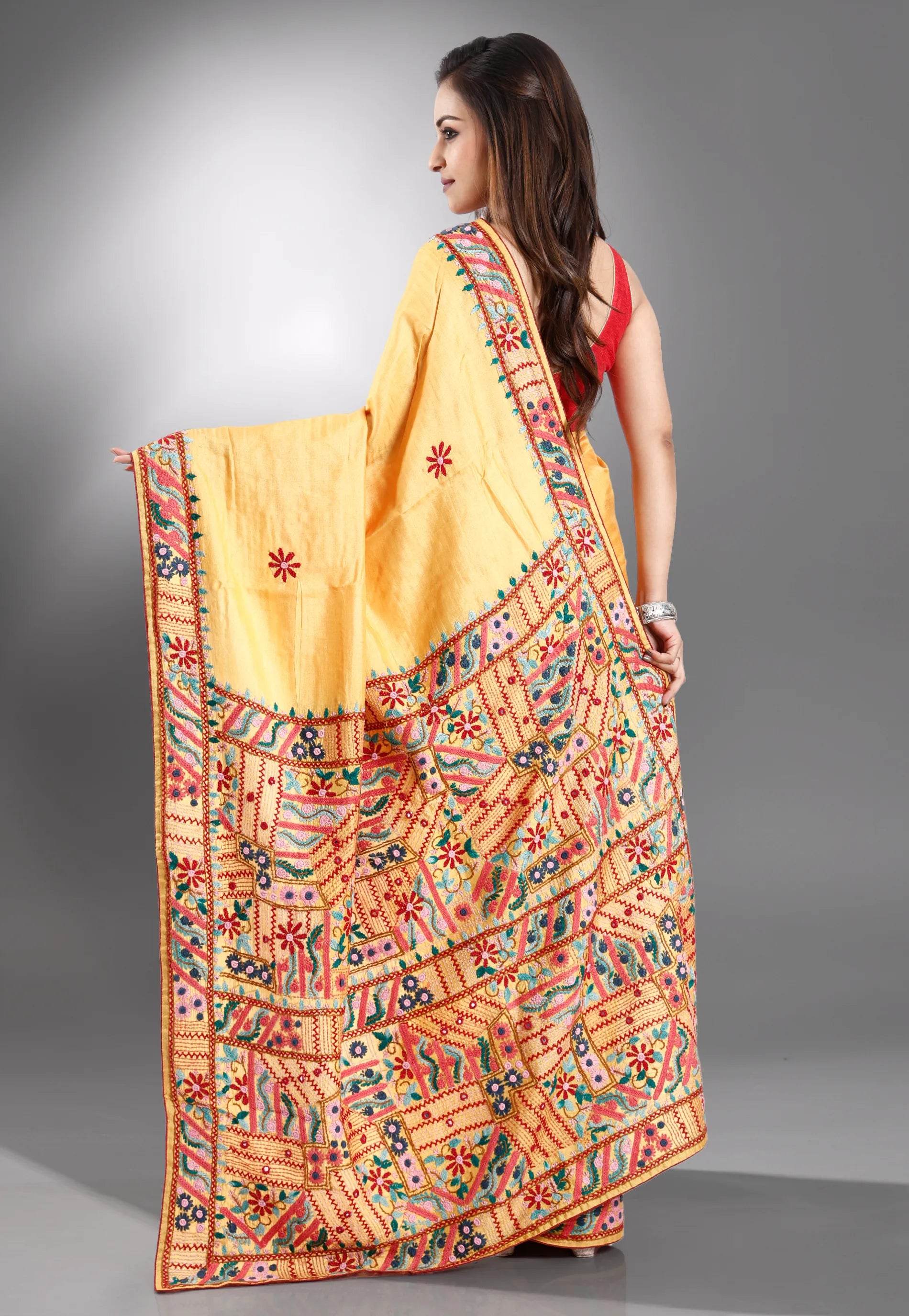Yellow colour Pure Tussar Silk Kantha Saree With Blouse Piece - Adi Akshoy & Co.