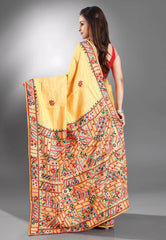 Yellow colour Pure Tussar Silk Kantha Saree With Blouse Piece - Adi Akshoy & Co.