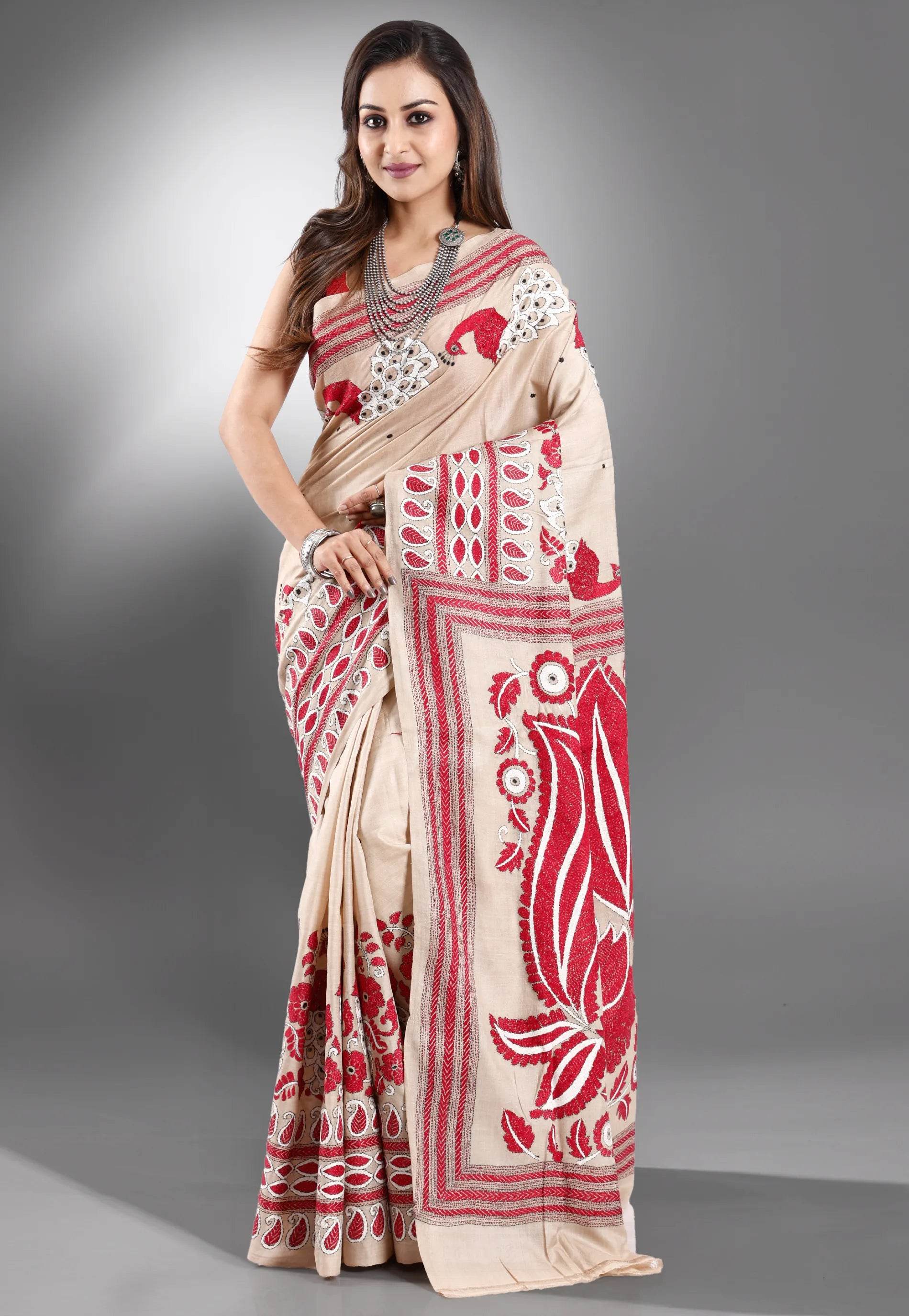 Tussar Colour Pure Tussar Silk Kantha Saree With Blouse Piece - Adi Akshoy & Co.