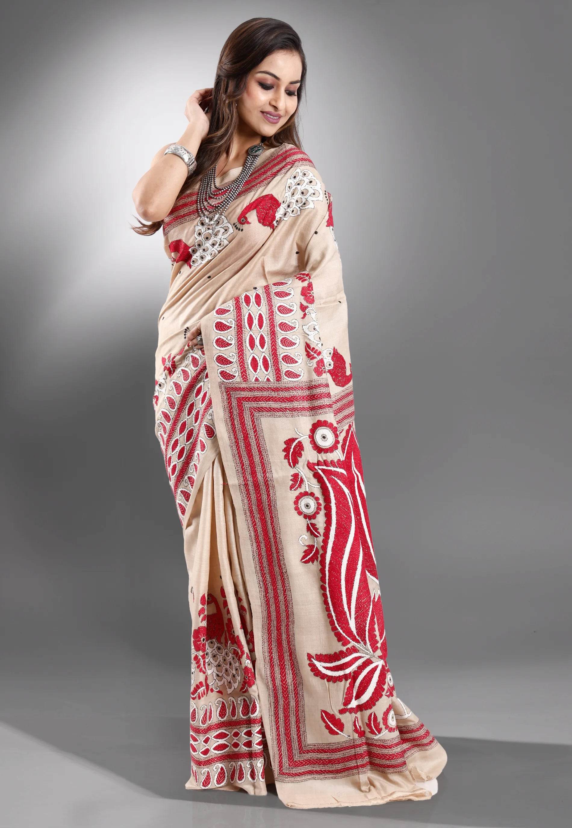 Tussar Colour Pure Tussar Silk Kantha Saree With Blouse Piece - Adi Akshoy & Co.