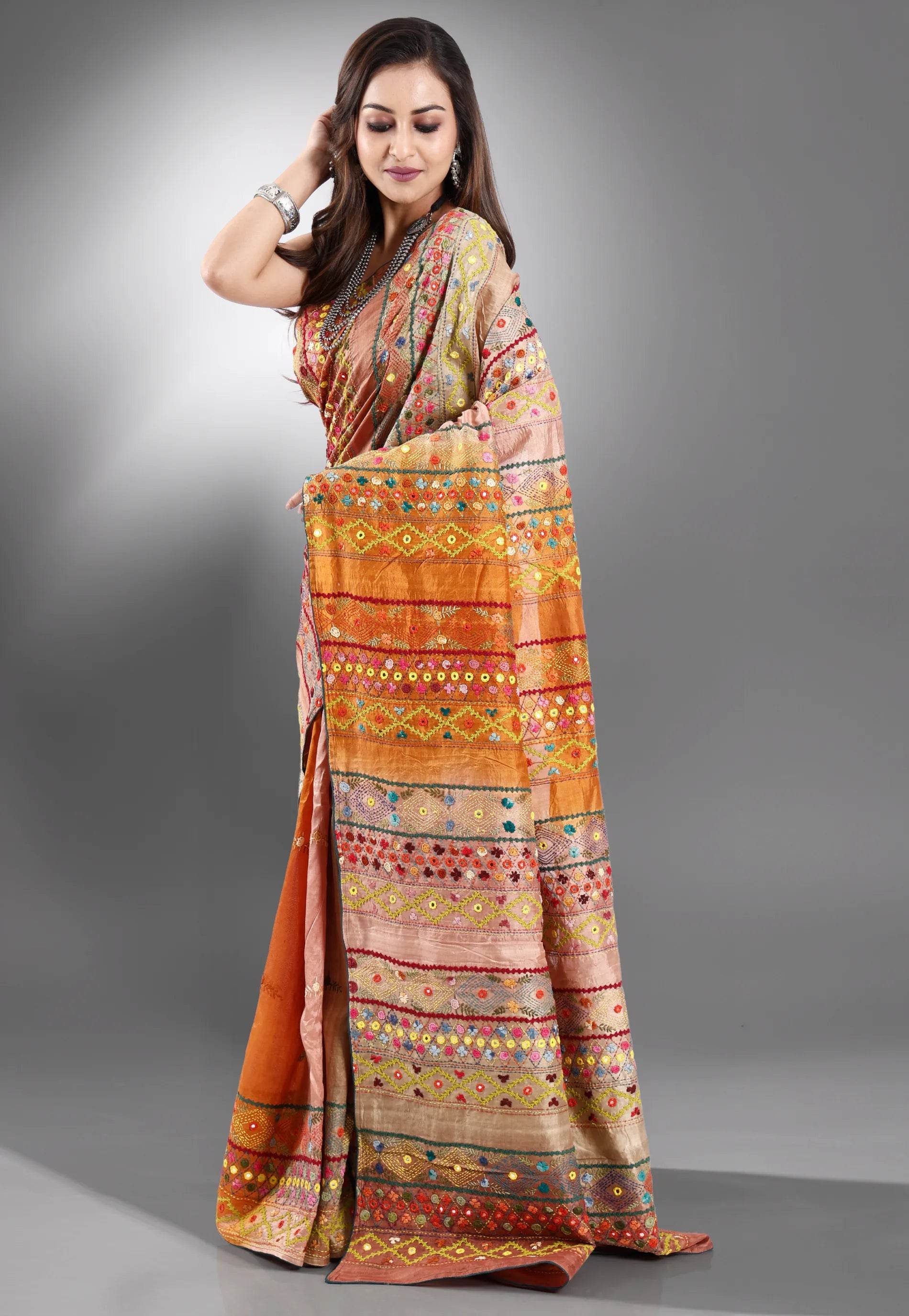 Shaded Colour Pure Tussar Silk Kantha Saree With Blouse Piece - Adi Akshoy & Co.