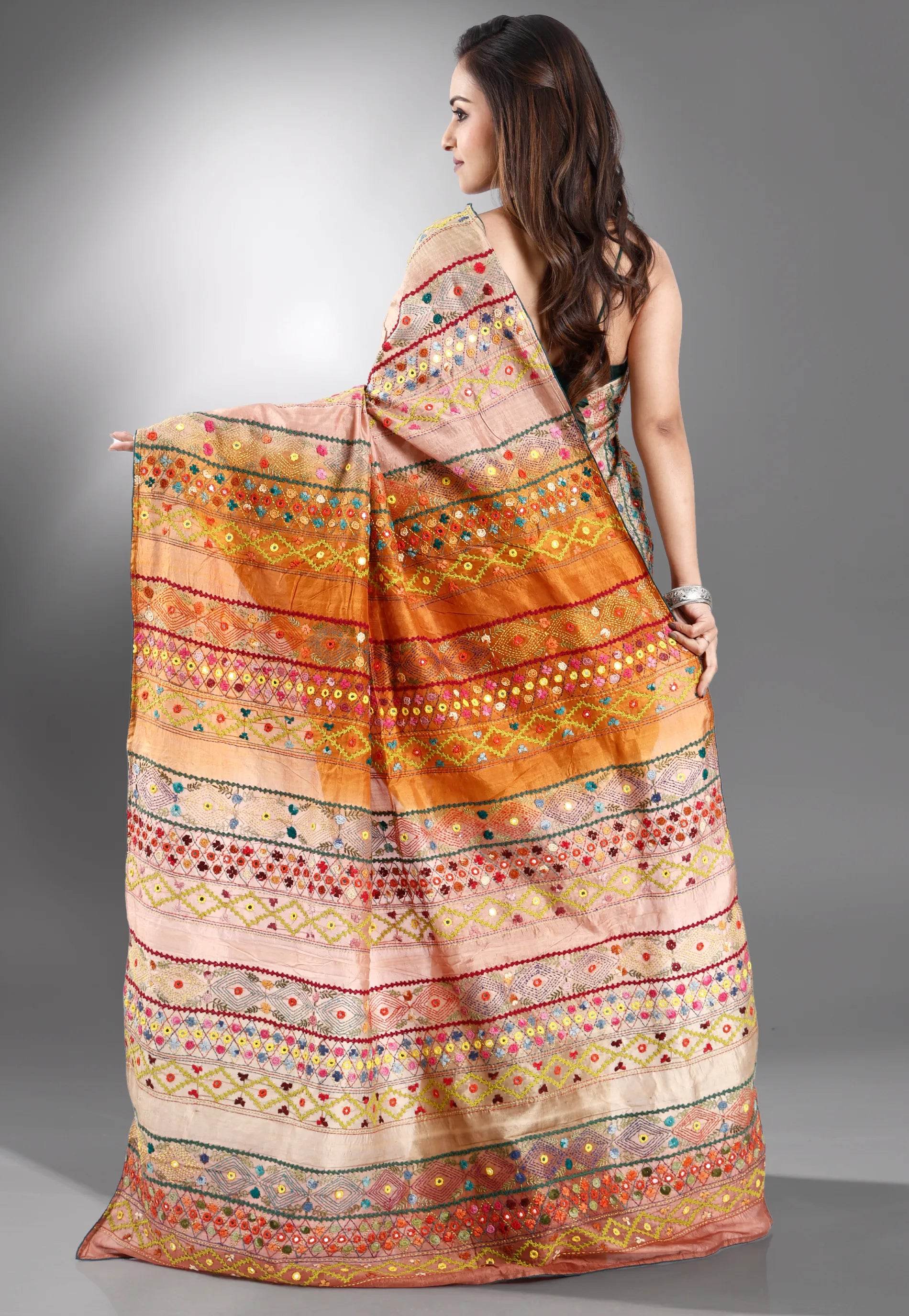 Shaded Colour Pure Tussar Silk Kantha Saree With Blouse Piece - Adi Akshoy & Co.