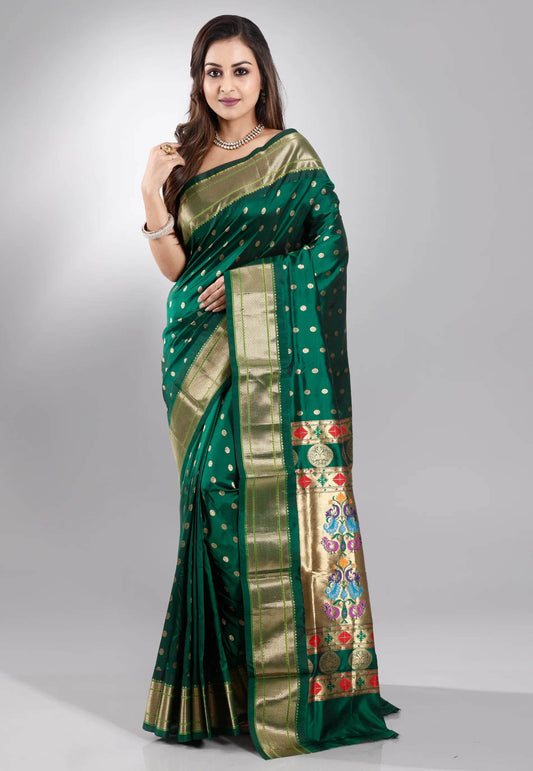 Bottle Green Paithani Pure Silk Saree With Blouse Piece - Adi Akshoy & Co.