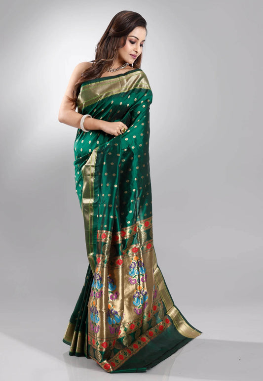 Bottle Green Paithani Pure Silk Saree With Blouse Piece - Adi Akshoy & Co.