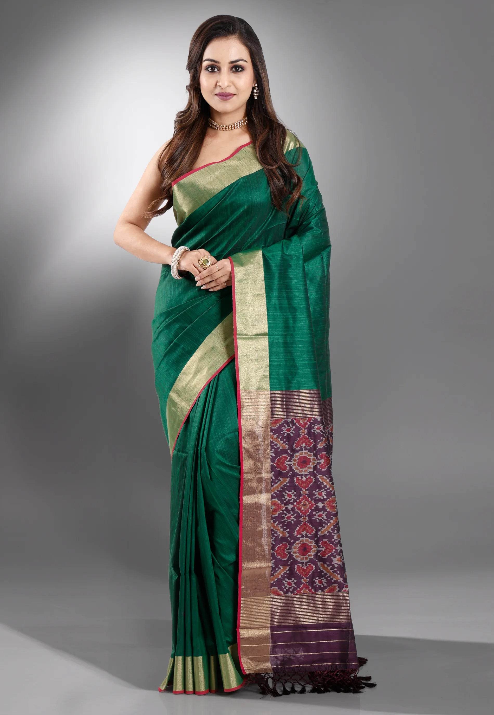 Bottle Green Ikkat Silk Saree With Blouse Piece - Adi Akshoy & Co.