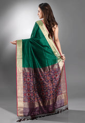 Bottle Green Ikkat Silk Saree With Blouse Piece - Adi Akshoy & Co.