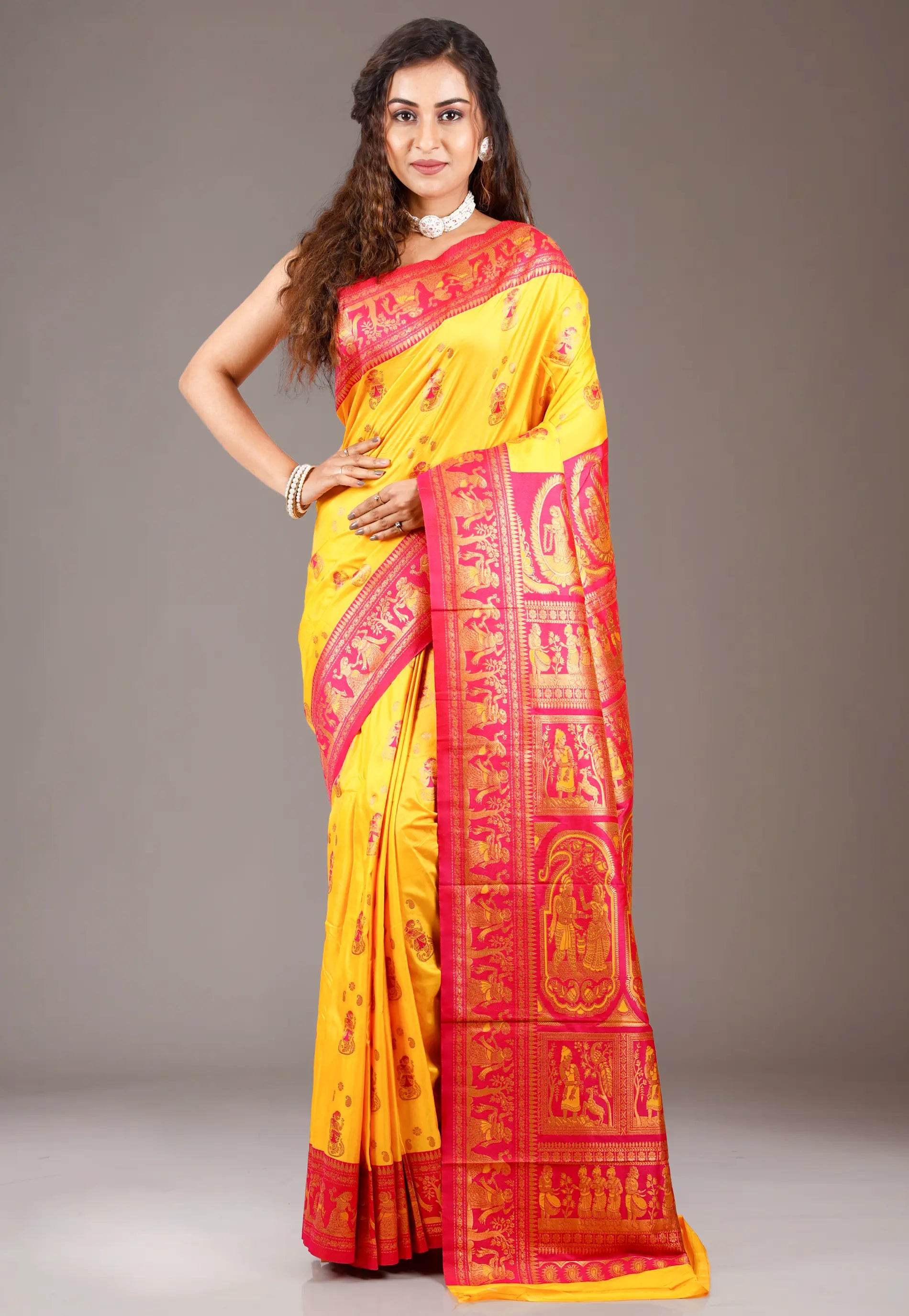 Yellow with Red Border Baluchari Silk Saree with Blouse Piece - Adi Akshoy & Co.