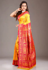Yellow with Red Border Baluchari Silk Saree with Blouse Piece - Adi Akshoy & Co.