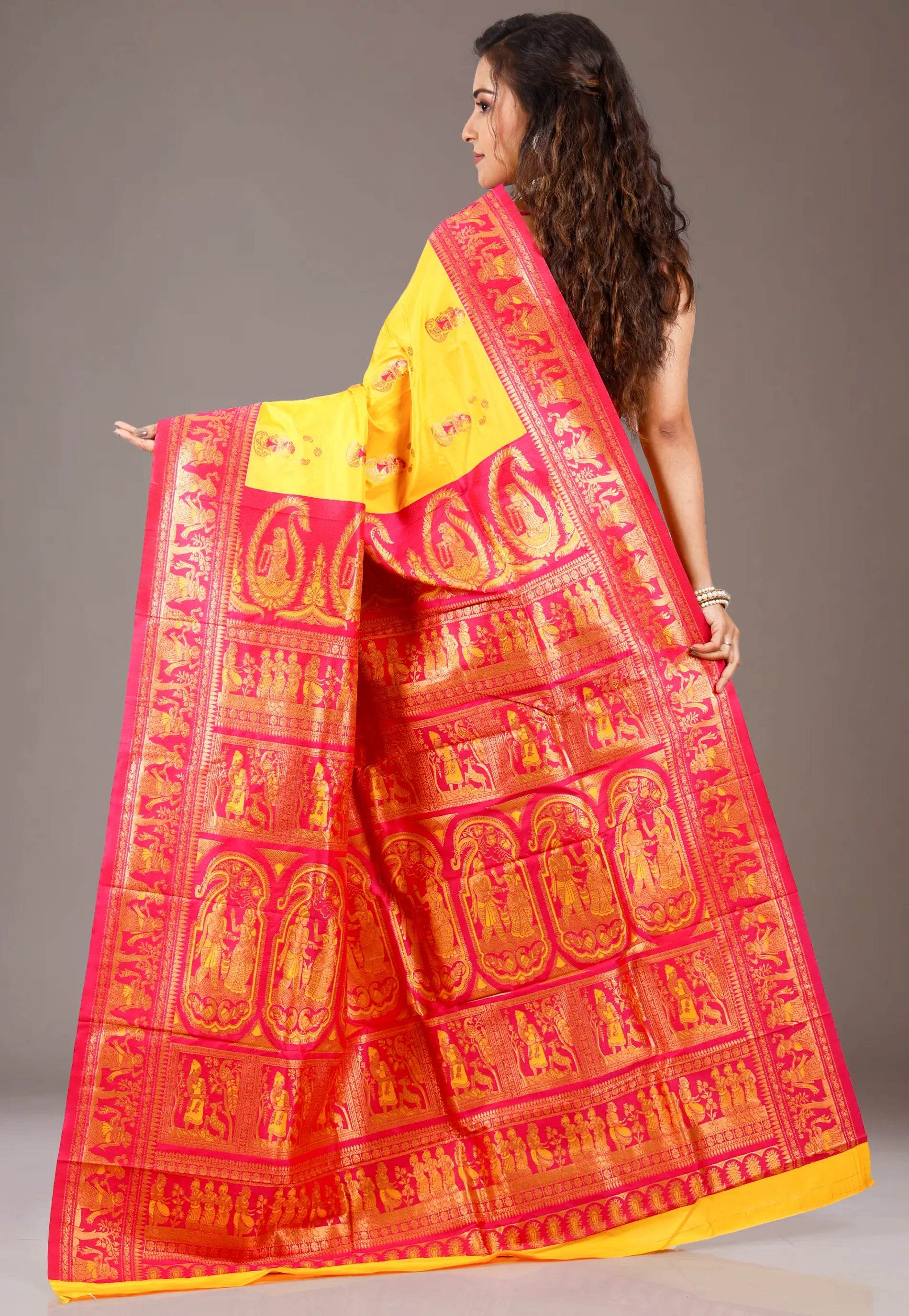 Yellow with Red Border Baluchari Silk Saree with Blouse Piece - Adi Akshoy & Co.