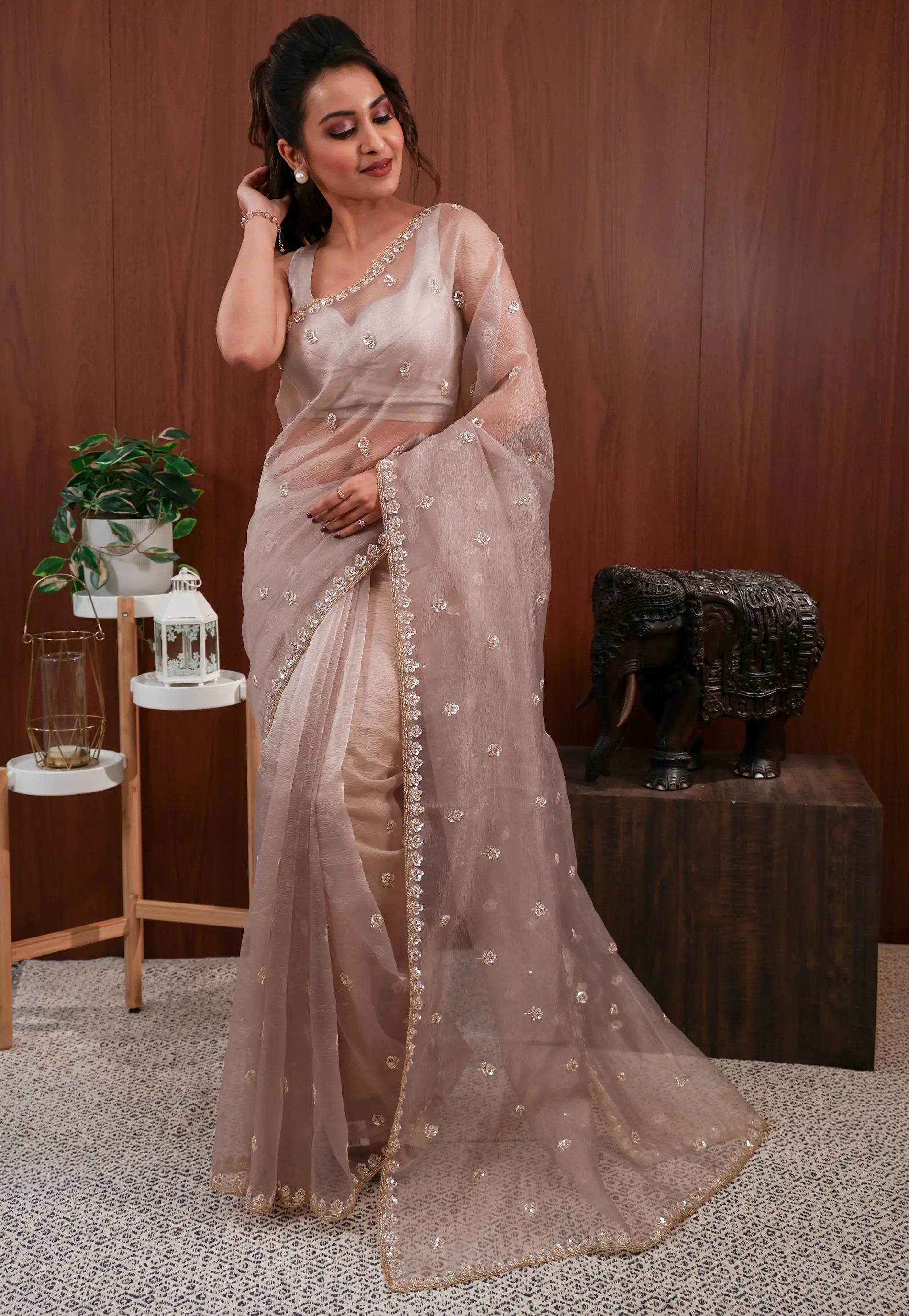 Grey Tissue Embroidery Saree with Blouse Piece - Adi Akshoy & Co.