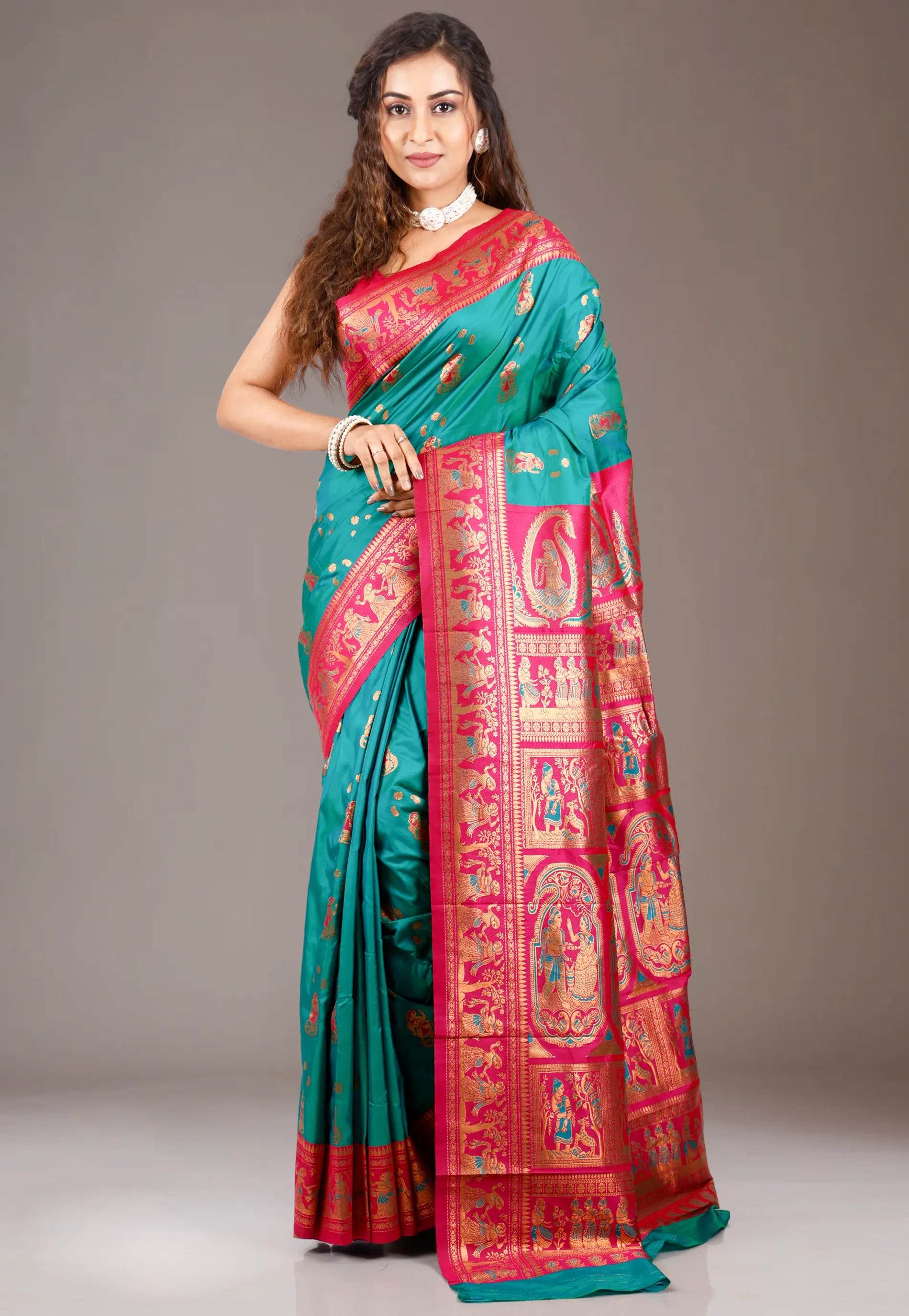 Rama Green with Red Border Baluchari Silk Saree with Blouse Piece - Adi Akshoy & Co.