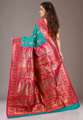 Rama Green with Red Border Baluchari Silk Saree with Blouse Piece - Adi Akshoy & Co.