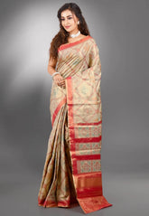 Beige Tissue Kanjivaram Silk Saree With Blouse Piece - Adi Akshoy & Co.