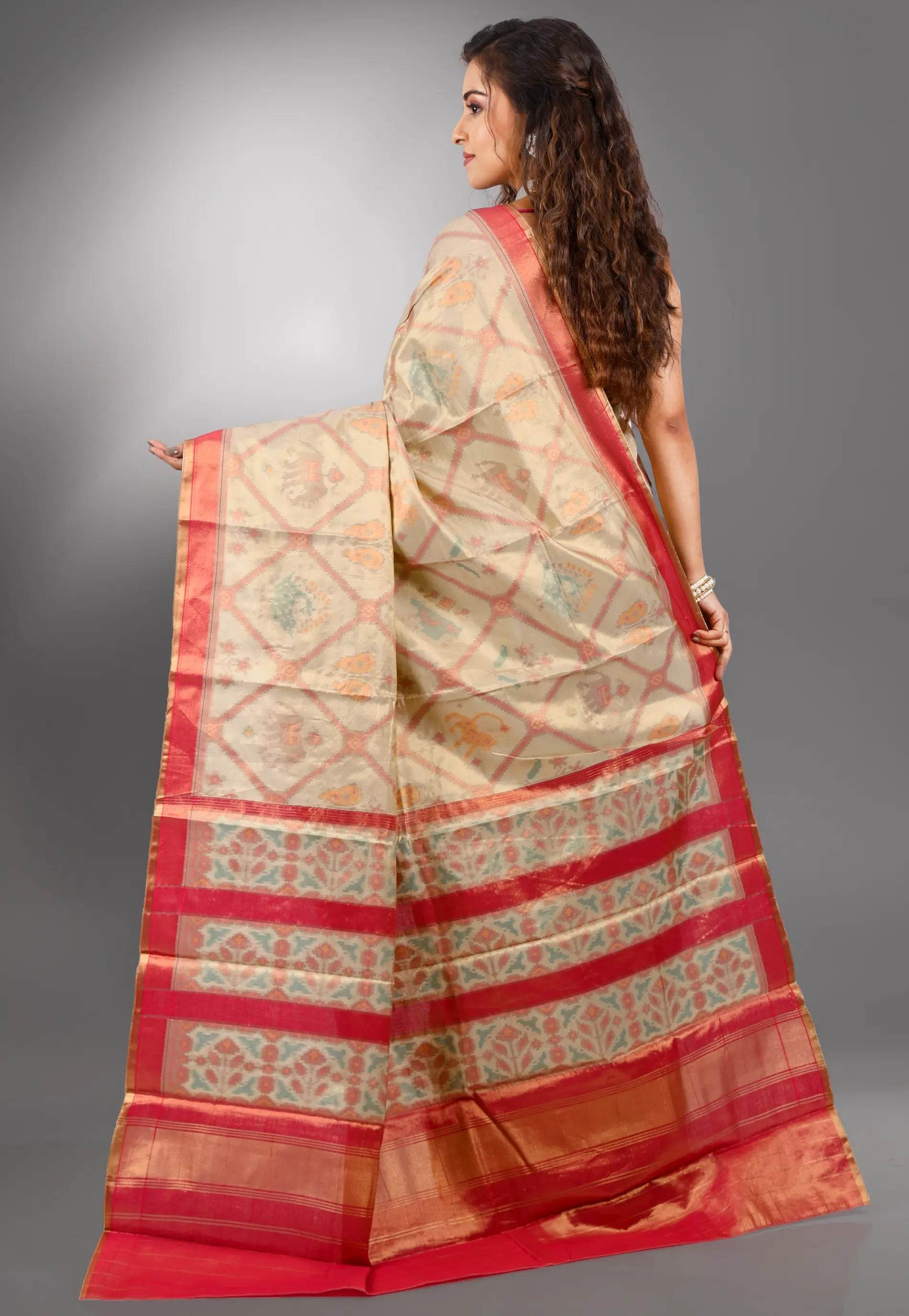 Beige Tissue Kanjivaram Silk Saree With Blouse Piece - Adi Akshoy & Co.